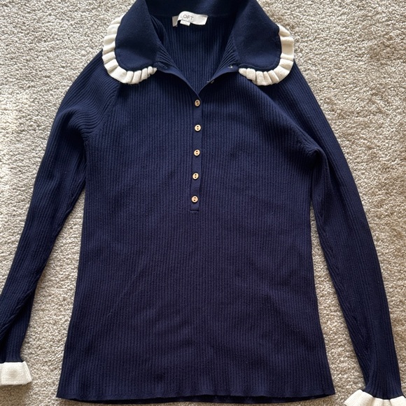 LOFT Navy and Cream Sweater with Ruffle Collar and Cuffs - Picture 5 of 6